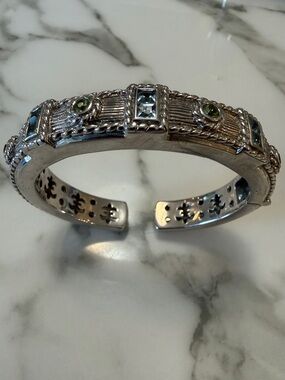 Judith Ripka Sterling silver hinged cuff bracelet with blue topaz and peridot